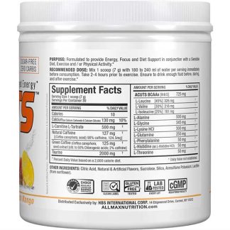 AminoCuts EAA and BCAA Amino Acid Power - Peach Mango Flavor - Supplement Nutrition Facts Label