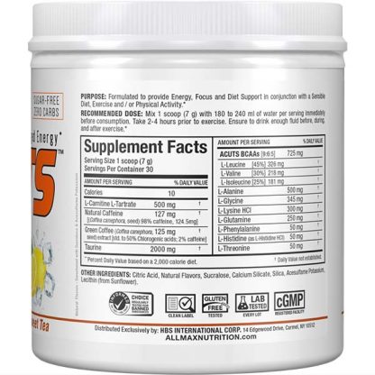 AminoCuts EAA and BCAA Amino Acid Power - Sweet Tea Flavor - Supplement Nutrition Facts Label