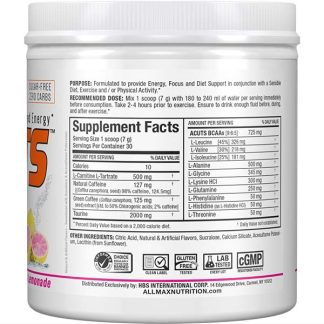 AminoCuts EAA and BCAA Amino Acid Power - Pink Lemonade Flavor - Supplement Nutrition Facts Label