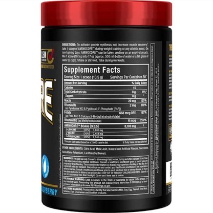 AminoCore BCAA Power - Blue Raspberry Flavor - Supplement Nutrition Facts Label